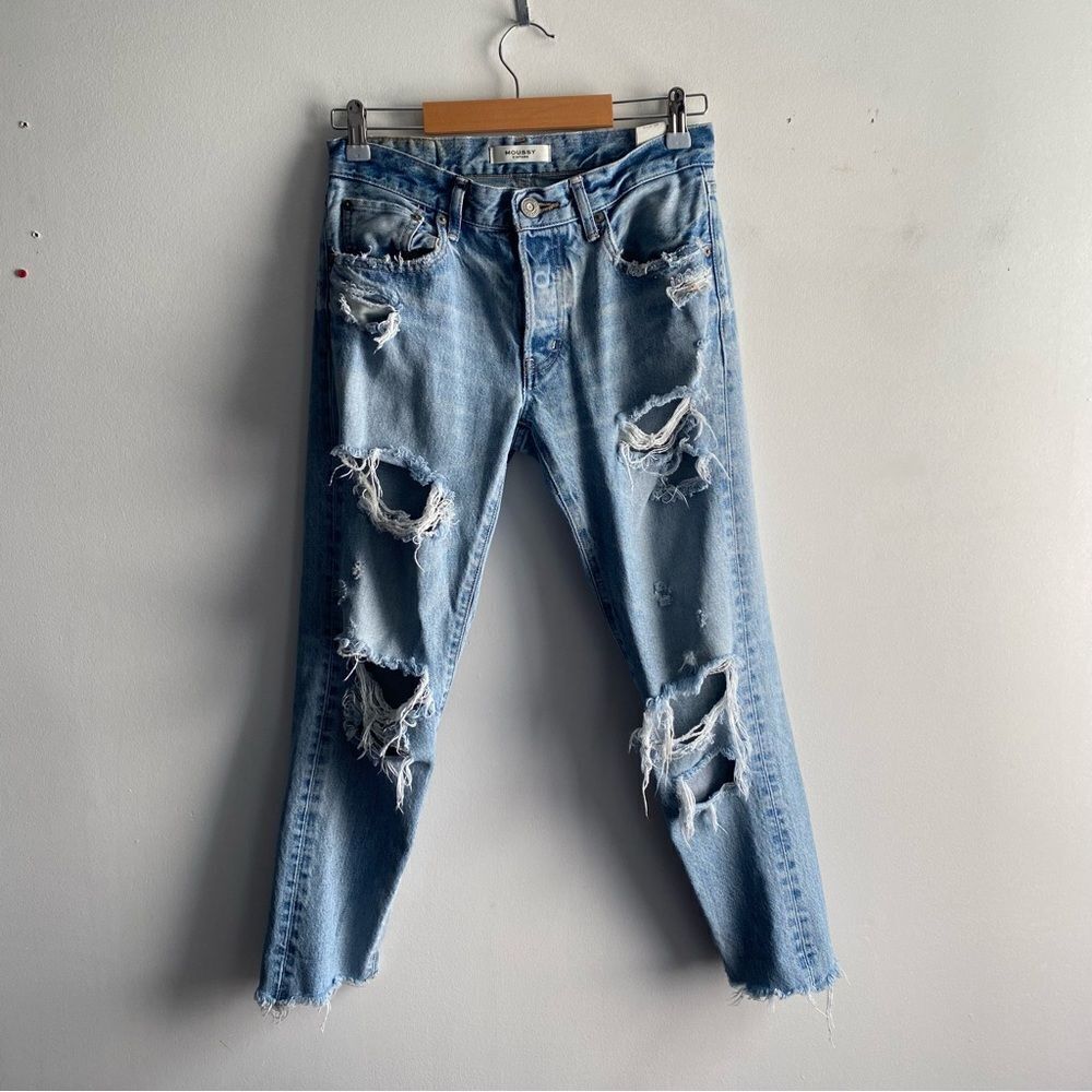 Moussy Vintage light wash distressed destroyed shred denim Creston tapered jeans - Picture 3 of 8
